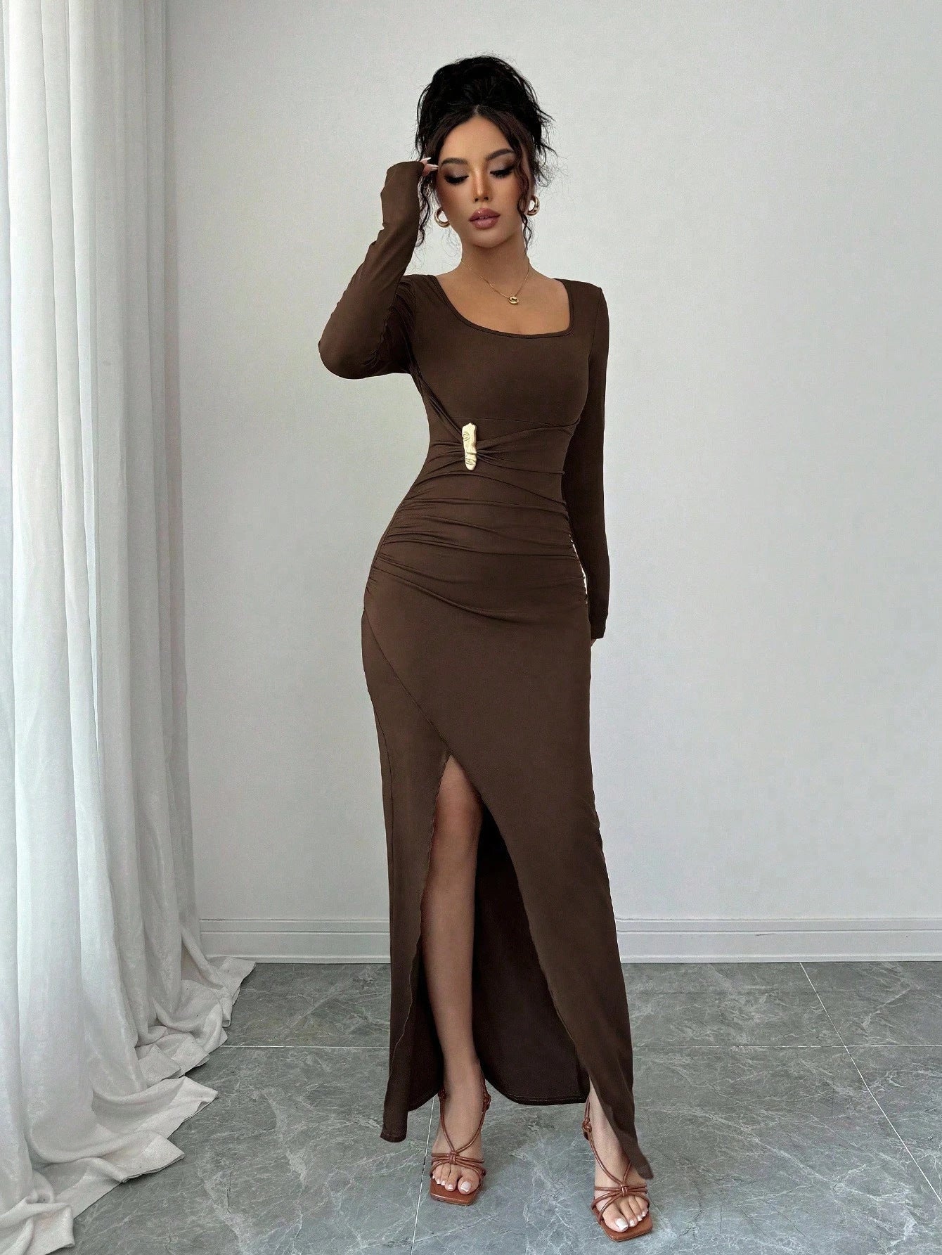 Square Neck Ruched Bodycon Maxi Dress with Side Slit