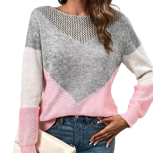 Women's Color Block Crochet Crew Neck Sweater