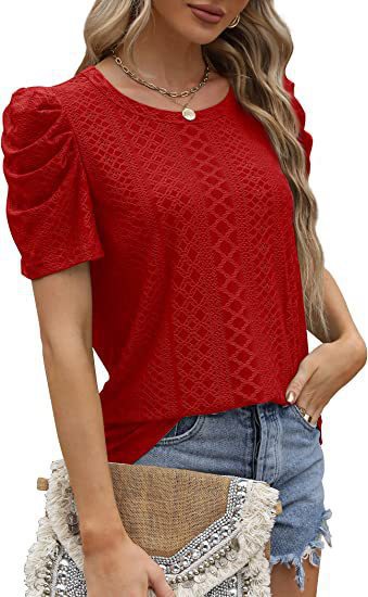 Loose Fit Ruched Sleeve Lace Knit T-Shirt for Women