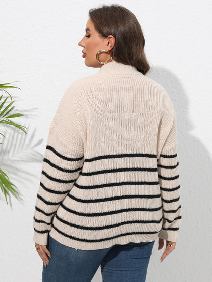 Women's Striped Splicing Love Zipper Pullover Sweater