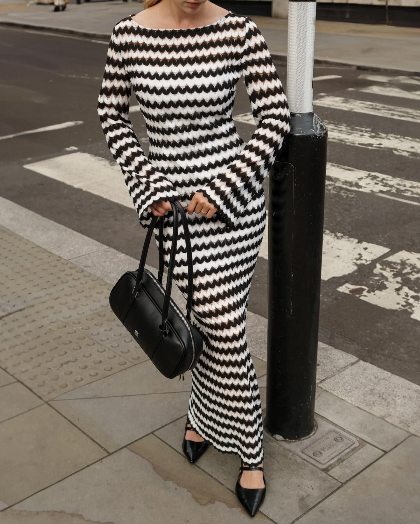 Striped Off Shoulder Bodycon Maxi Dress Bell Sleeve Slit