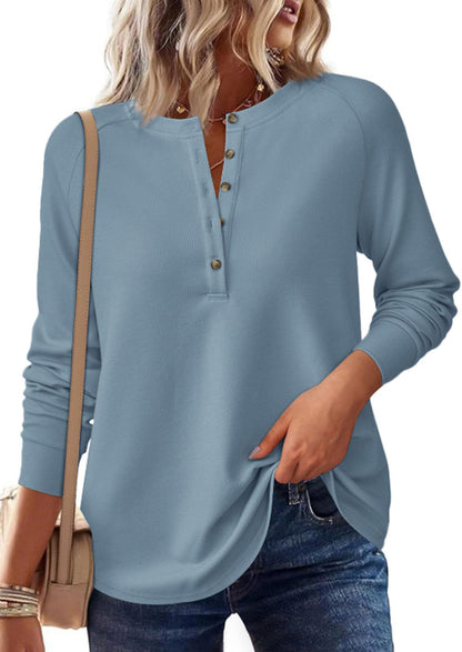 Waffle Knit Henley Top Button V Neck Long Sleeve Tee