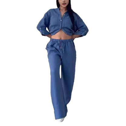 Cotton Linen 2 Piece Set Wide Leg Pants Button Shirt