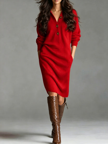 Polo Collar Button Front Midi Sweater Dress with Pockets