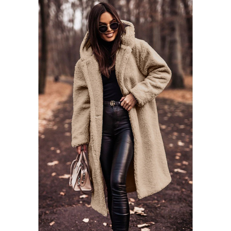 Hooded Sherpa Fleece Long Coat with Pockets