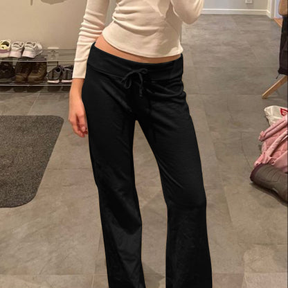 Women's Low Rise Fold Over Waist Straight Leg Pants