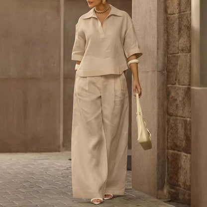Women's Solid Matching Set Wide Leg Pants Collared Top