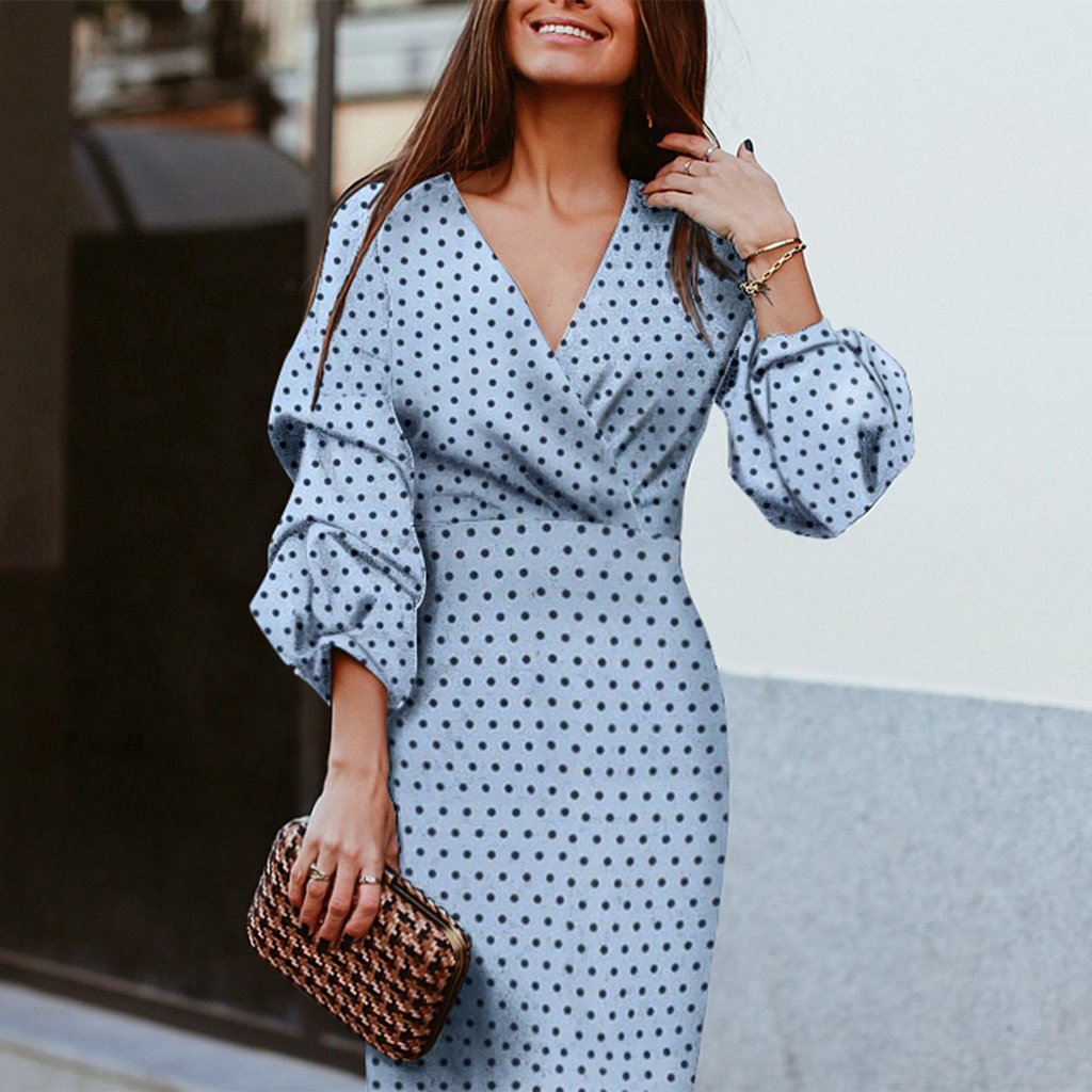 Women's Polka Dot Puff Sleeve V-Neck Midi Dress Blue