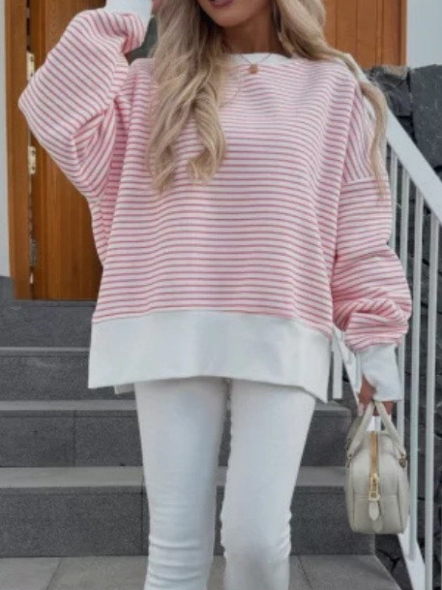 Oversized Striped Crewneck Sweatshirt Thumb Hole Side Slit