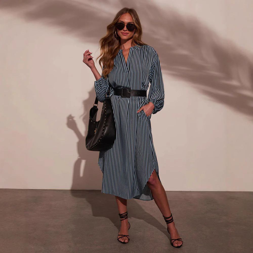 Women's Striped V-Neck Shirt Dress Belted Midi