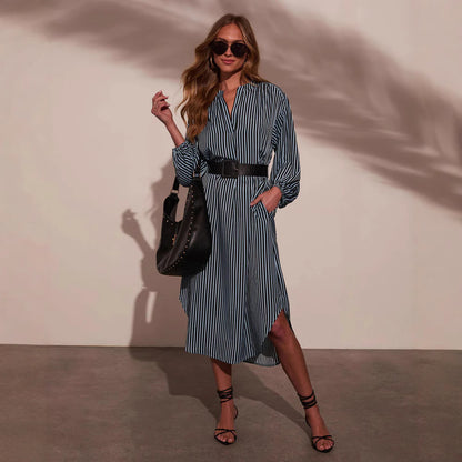 Women's Striped V-Neck Shirt Dress Belted Midi