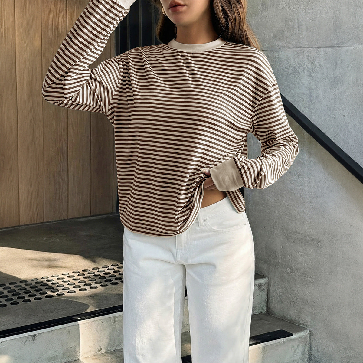 Pink Black Striped Long Sleeve Crew Neck Casual Tee