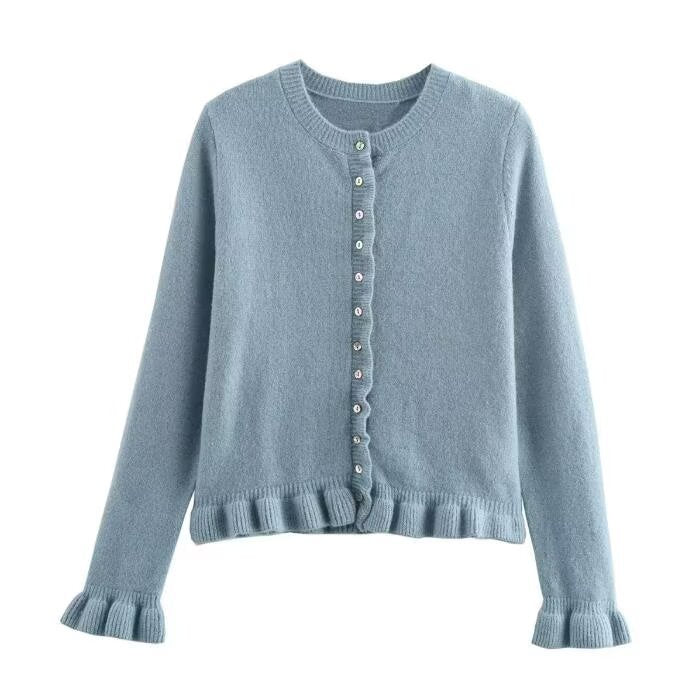 Ruffle Trim Button Front Long Sleeve Cardigan