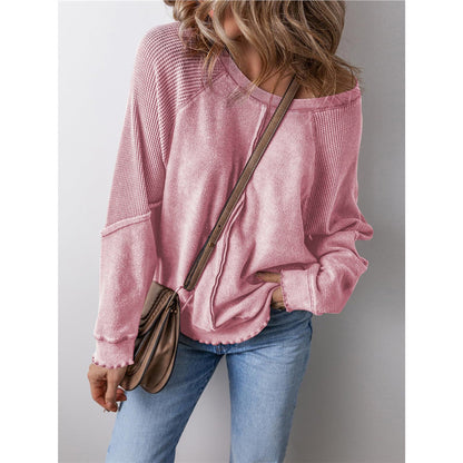 Oversized Patchwork Waffle Knit Crewneck Sweatshirt