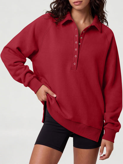 Women's Oversized Collared Button Pullover Sweatshirt