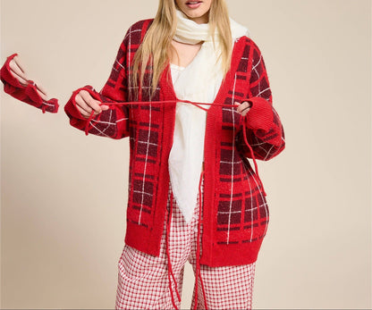 Women's Red Plaid Tie Front Knit Cardigan Sweater