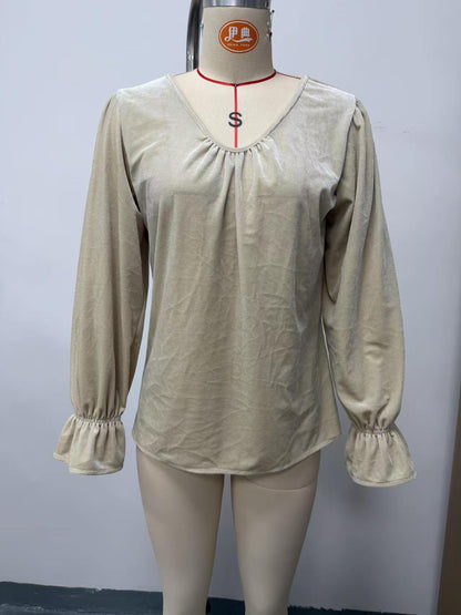 Women's V-Neck Bell Sleeve Ruched Blouse Top