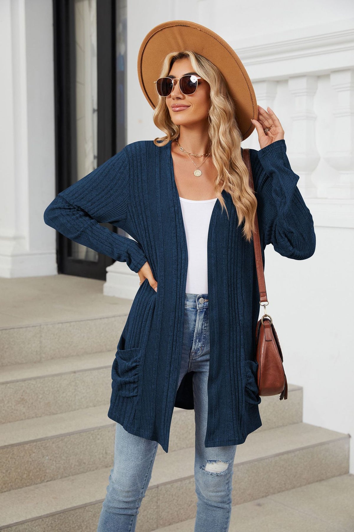 Women's Long Sleeve Ribbed Open Front Cardigan Pockets