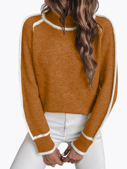 Women's Oversized Turtleneck Sweater Contrast Trim Pullover