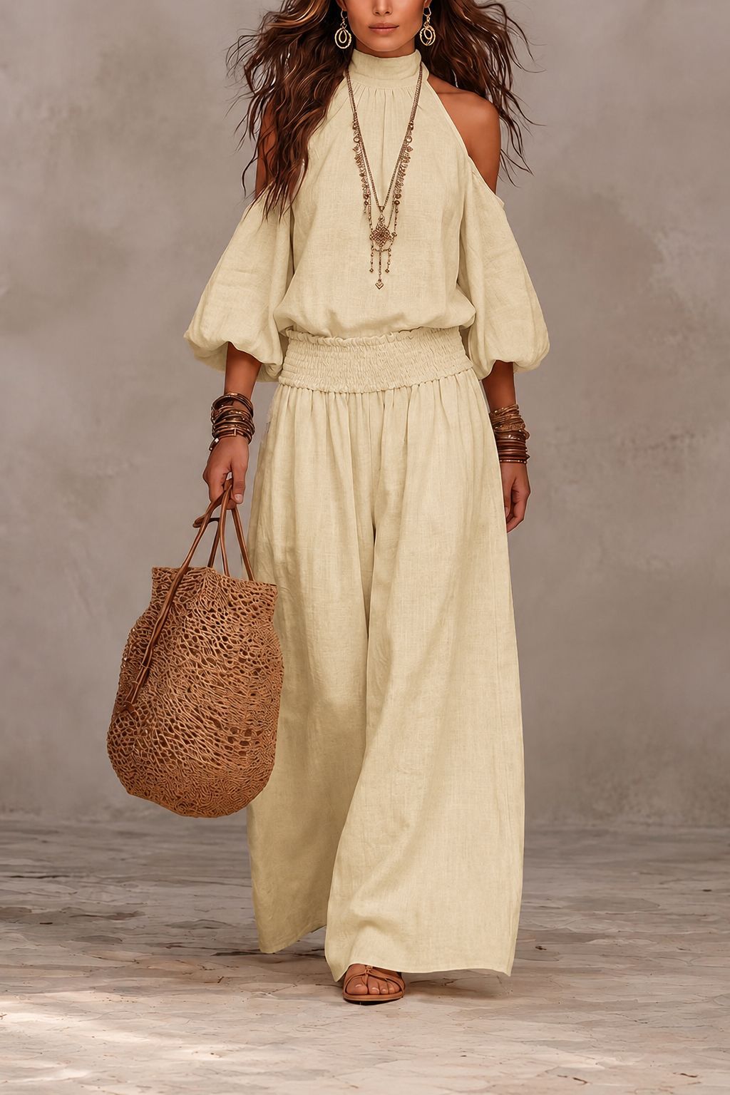 Women's Cold Shoulder Smocked Wide Leg Pants Two Piece Set