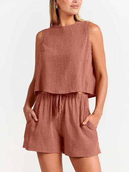 Sleeveless Top and Drawstring Shorts Two Piece Set