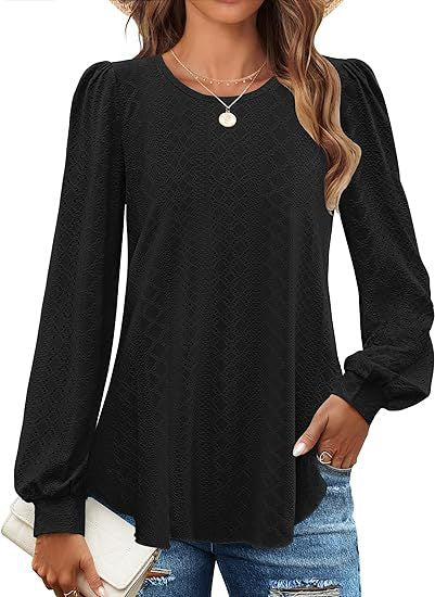 Solid Eyelet Lace Blouse Crew Neck Lantern Sleeve Top