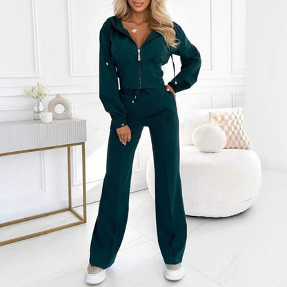 Women's Zip Hoodie Flared Pants Two Piece Lounge Set