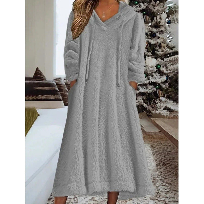 Fleece Hooded Dress with Pocket Relaxed Fit
