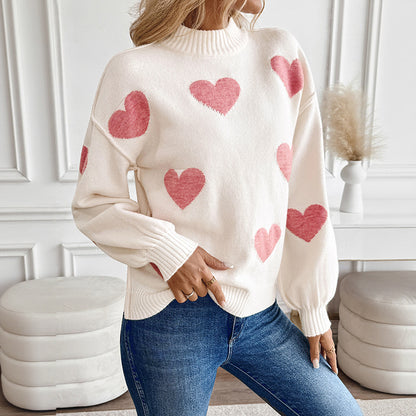 Heart Pattern Mock Neck Oversized Knit Sweater