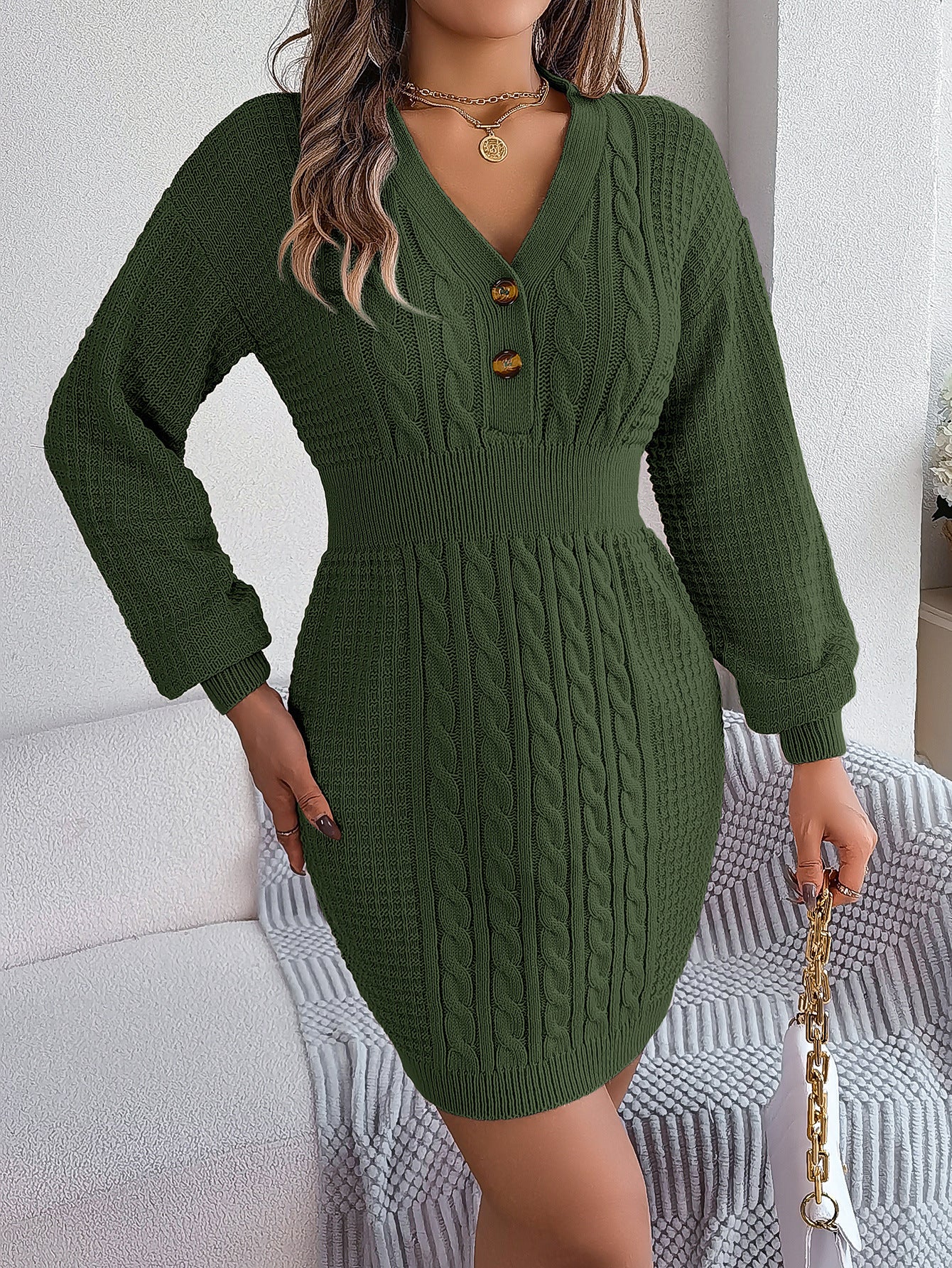 Button V Neck Sweater Dress | Cable Knit Bodycon Outfit