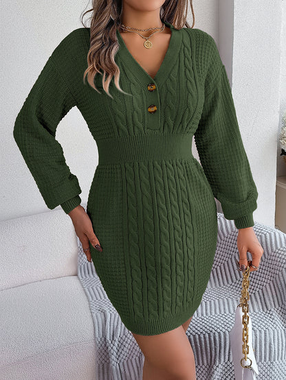 Button V Neck Sweater Dress | Cable Knit Bodycon Outfit