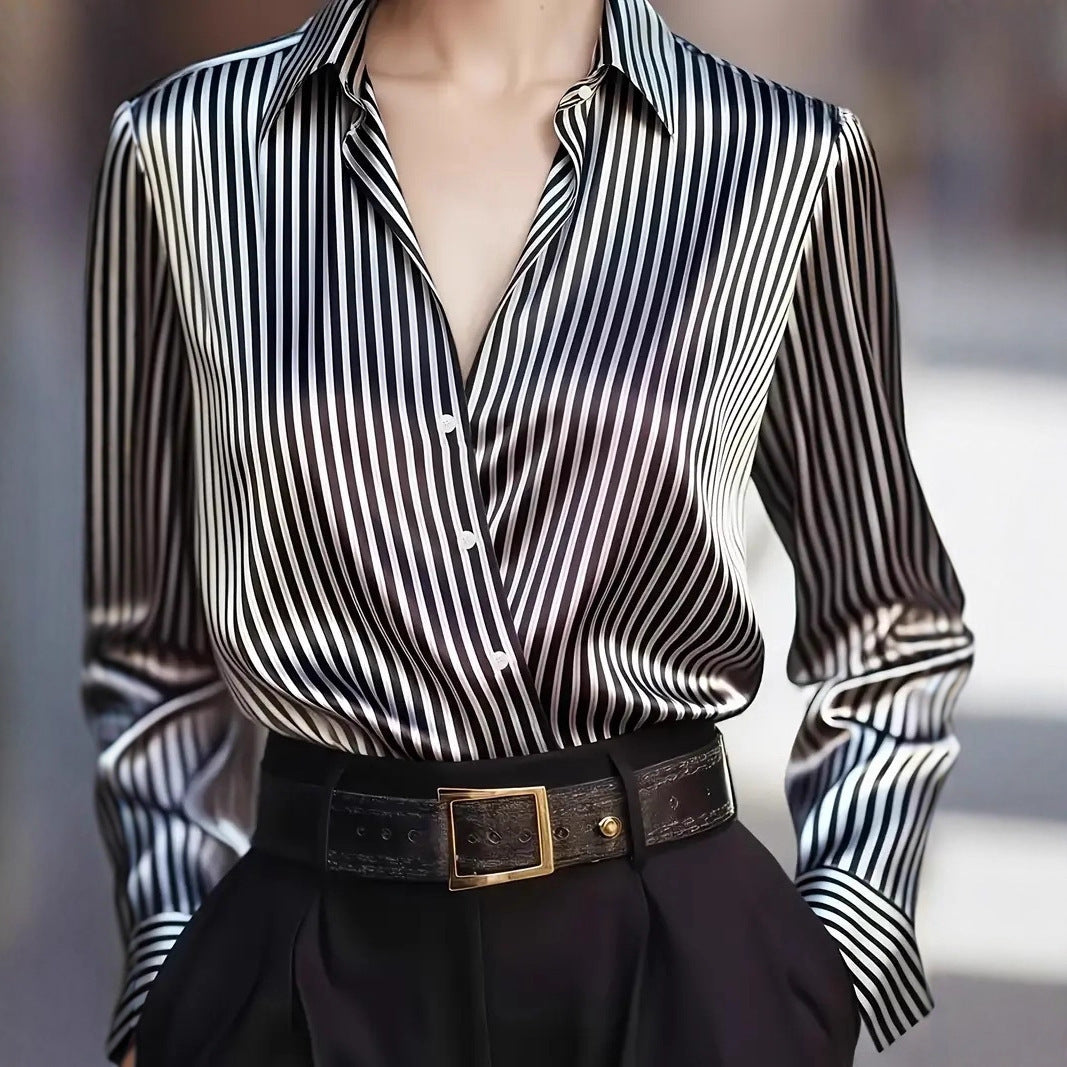 Women's Striped Satin Button Down Blouse Long Sleeve