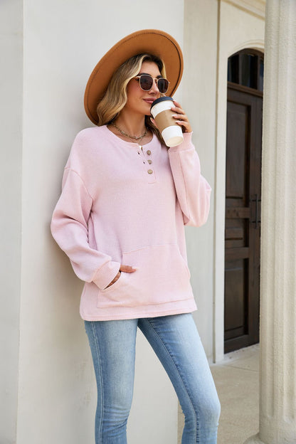 Women's Waffle Knit Henley Long Sleeve Pocket Top