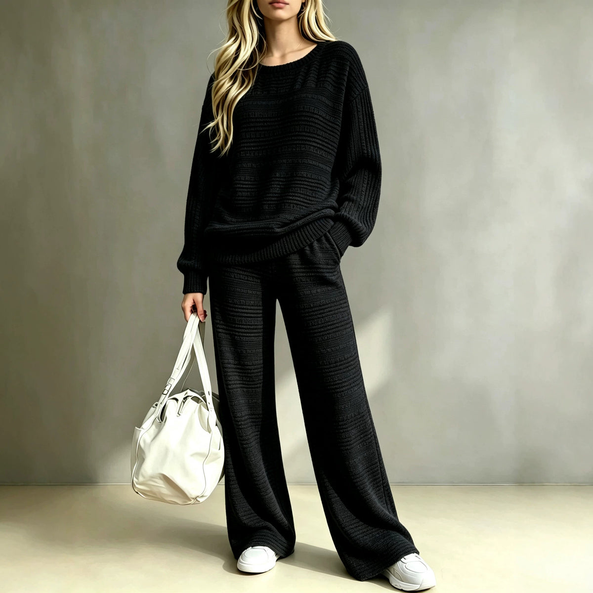Women's Ribbed Knit Lounge Set Wide Leg Pants