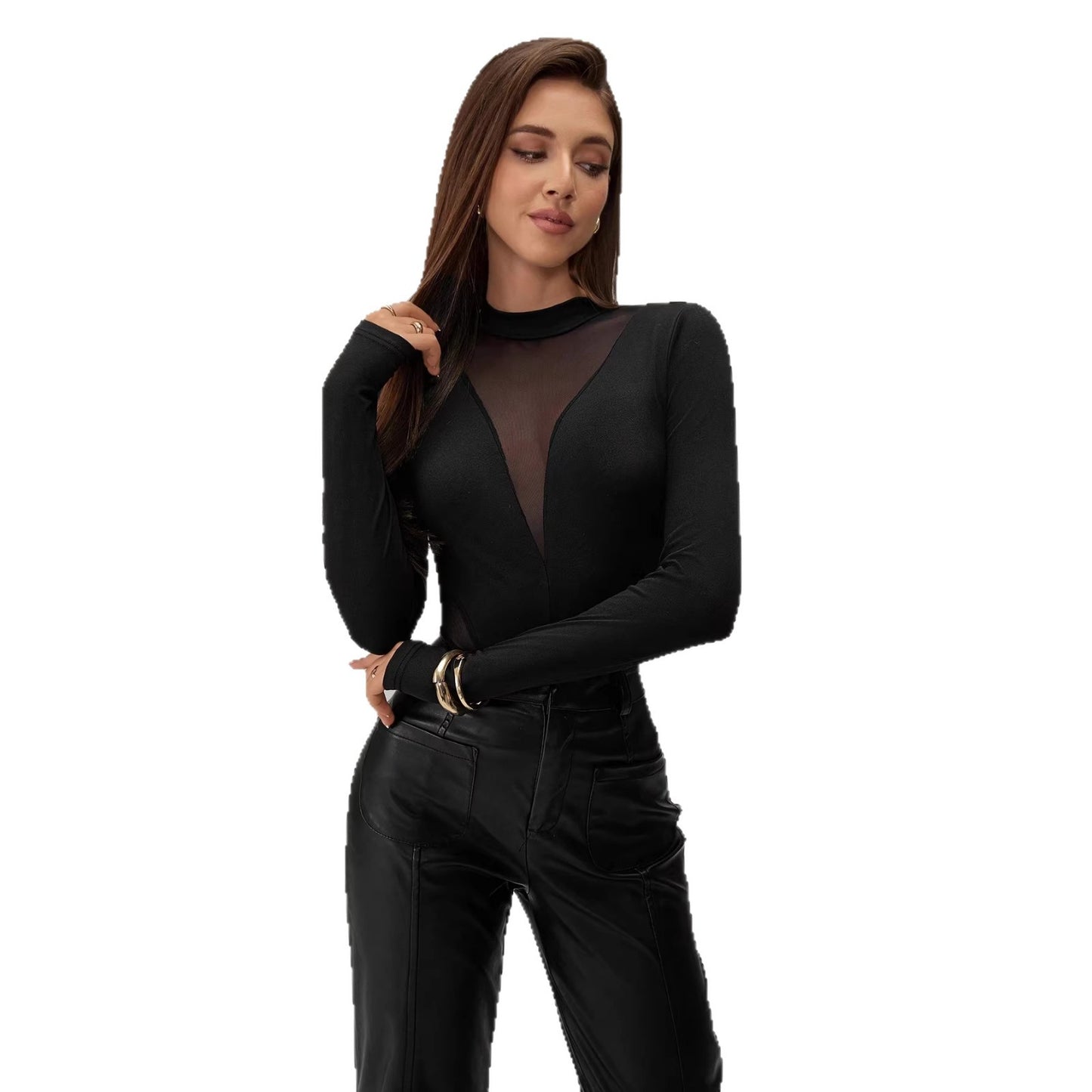 Sheer Mesh Mock Neck Long Sleeve Bodysuit