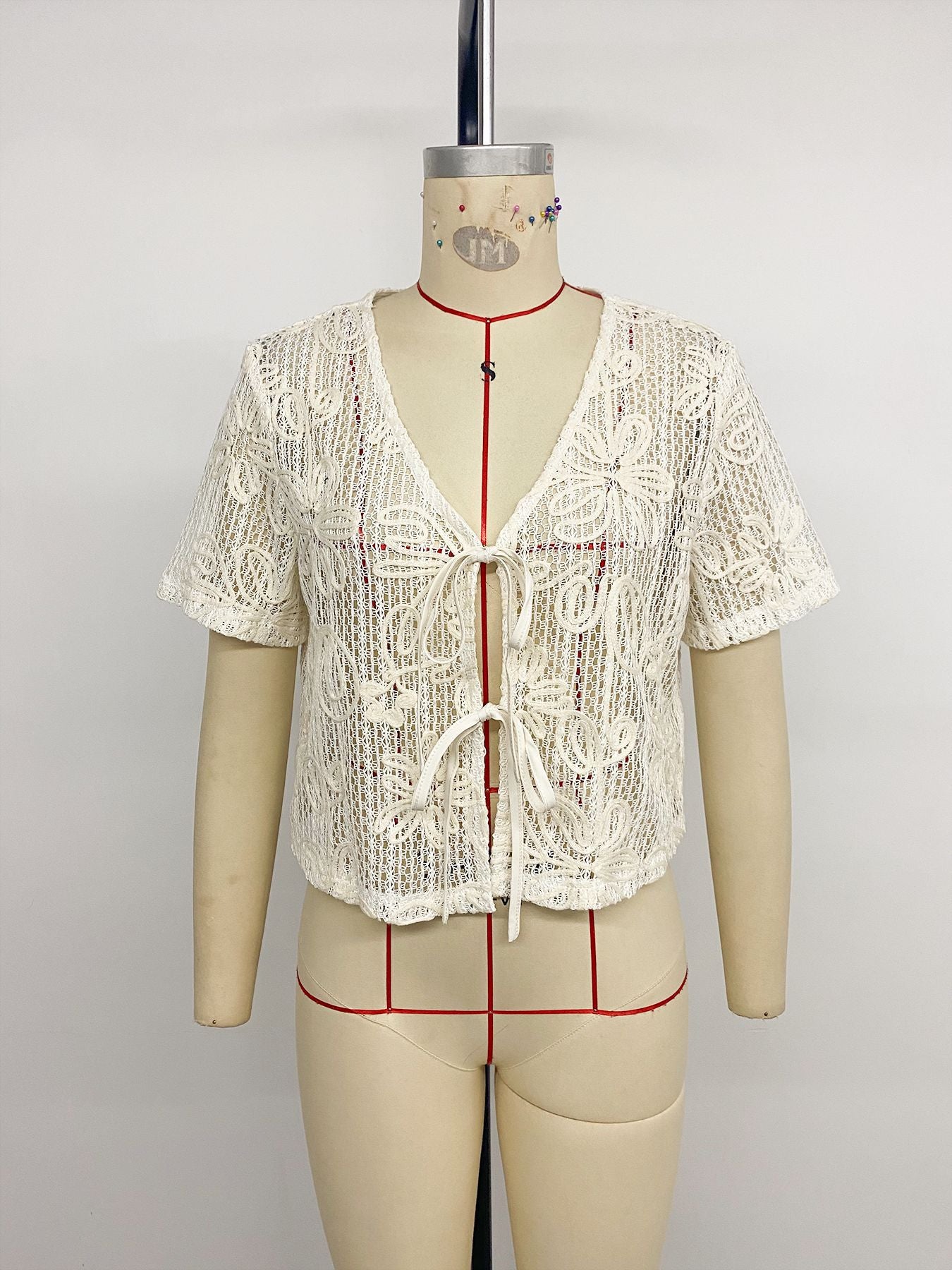 Women's Boho Tie Front V-Neck Short Sleeve Lace Cardigan
