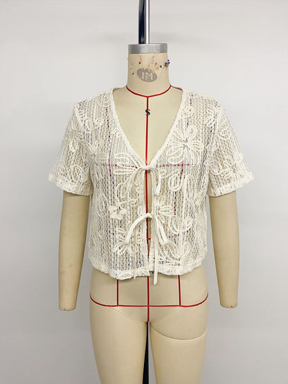 Women's Boho Tie Front V-Neck Short Sleeve Lace Cardigan