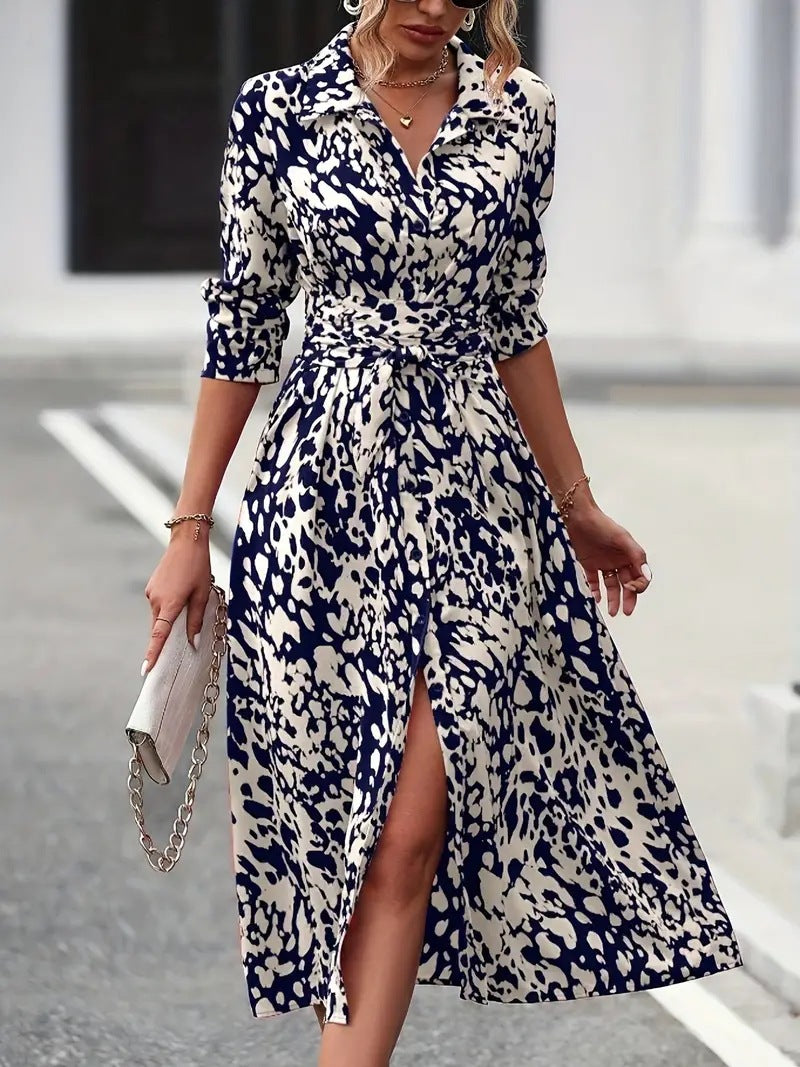 Women's Long Sleeve Printed Shirt Dress Tie Waist Midi