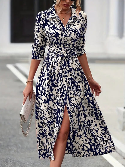 Women's Long Sleeve Printed Shirt Dress Tie Waist Midi