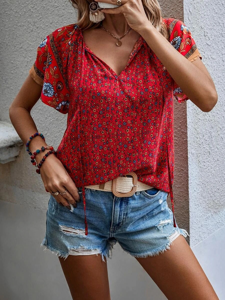 Short-Sleeve Top V-Neck Printed Celebrity Style Casual Loose Shirt