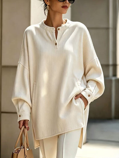 Women's Oversized Henley Tunic Textured Long Sleeve