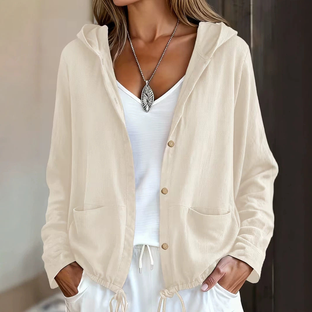 Women's Hooded Button Front Jacket with Pockets