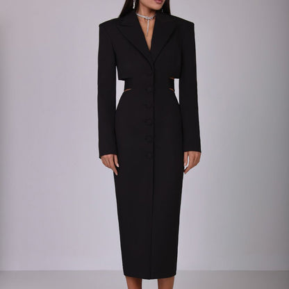 Cut Out Blazer Dress Long Sleeve Button Front Bodycon Midi