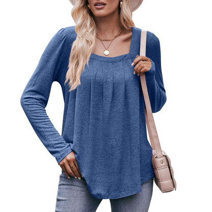 Square Neck Pleated Long Sleeve Top for Women