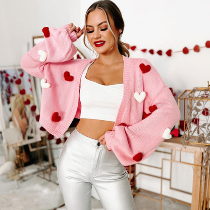Oversized 3D Heart Chunky Knit Cardigan Sweater