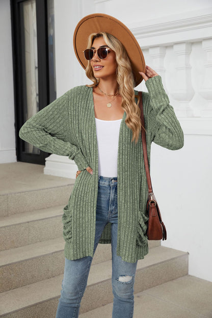 Simple Pocketed Long Sleeve Cardigan Knit Top