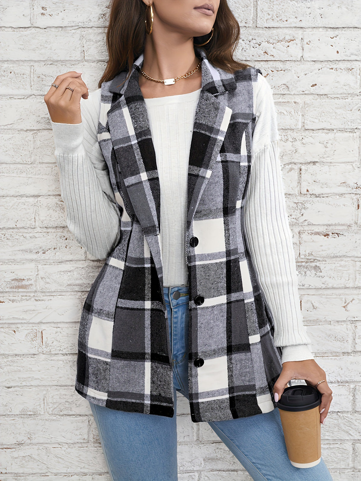 Women's Plaid Lapel Blazer Vest Button Front