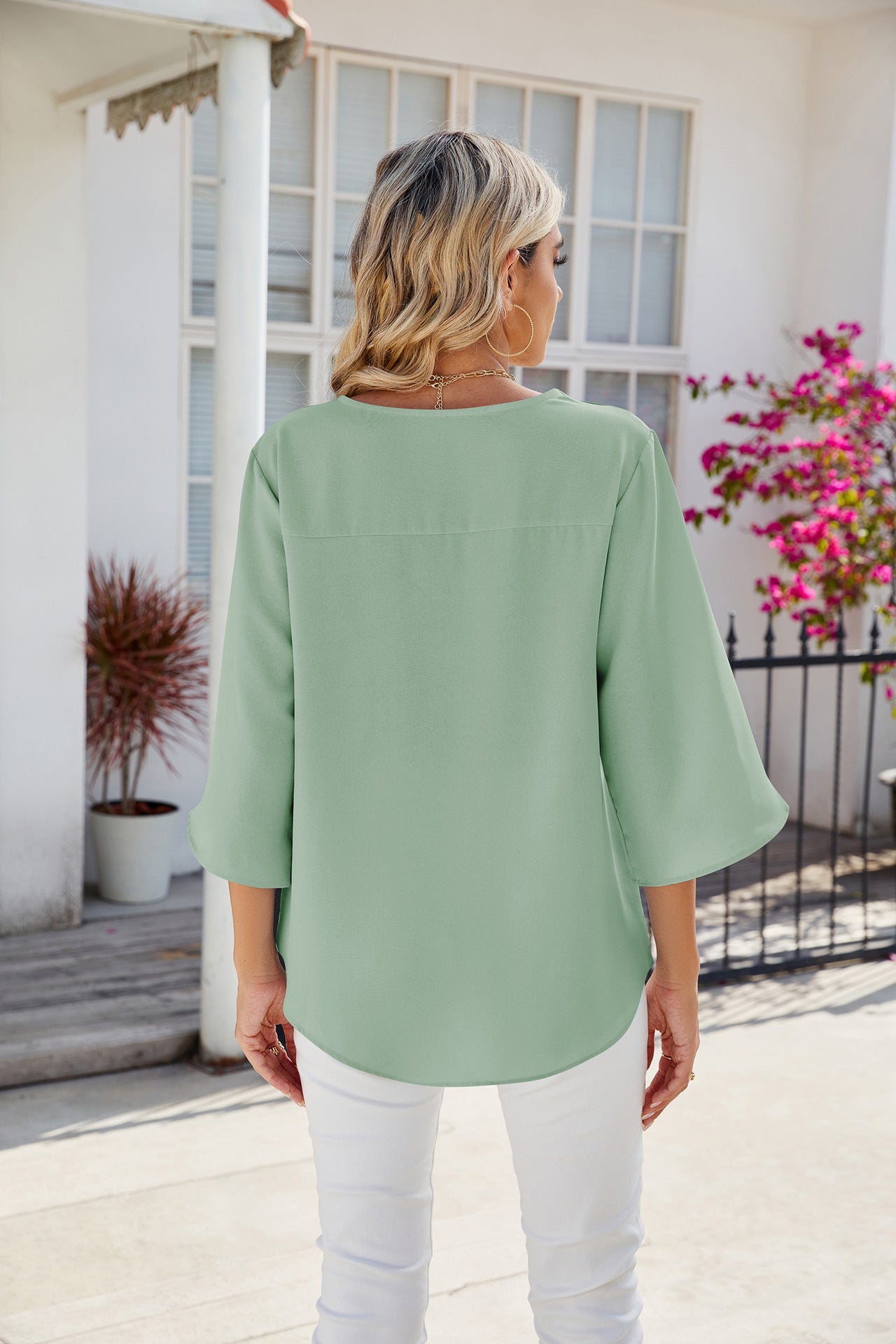 Solid Chiffon Blouse V Neck Loose Fit Custom Top