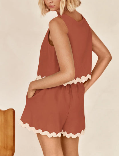 Linen Lace Two-Piece Set - Summer Crew Neck Vest & Shorts