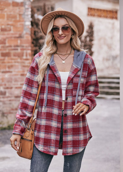 Plaid Hooded Shacket Jacket Oversized Fall Flannel Coat
